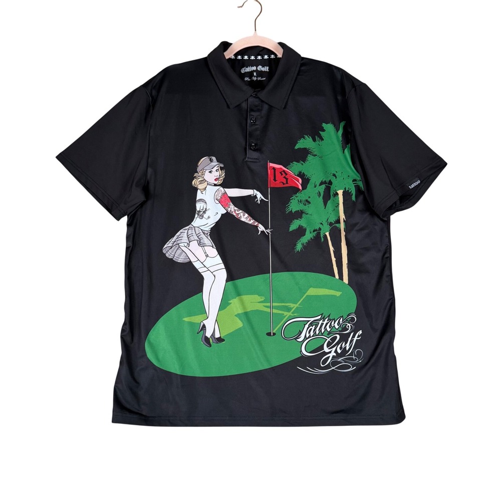 Tattoo Golf Pin-Up Series Polo Shirt Mens Large Black Graphic Performance Top
